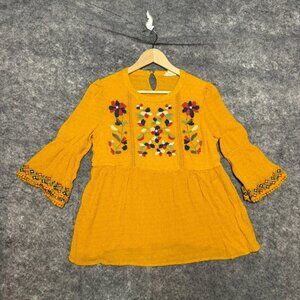 Orange Creek Top Womens M Yellow Embroidered Floral Cross Stitch Artsy Cottage